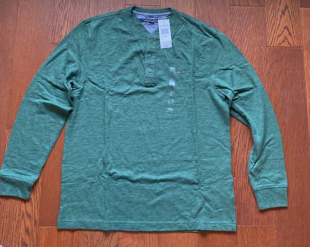 NEW Tommy Hilfiger Mens Long Sleeve Henley Shirt Green Cotton Size L MSRP $49.50